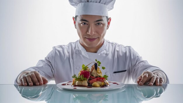 Photo professional male cook in chefs white uniform presenting dish on white background