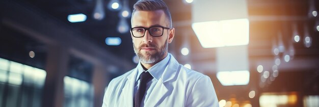 Photo professional male doctor with glasses and tie in hospital interior space for text