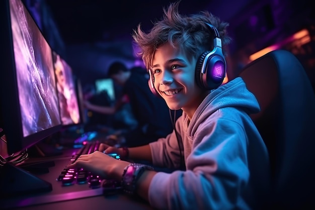 プロの男性ゲーマーがコンピュータでMMORPG戦略ビデオゲームをプレイしている