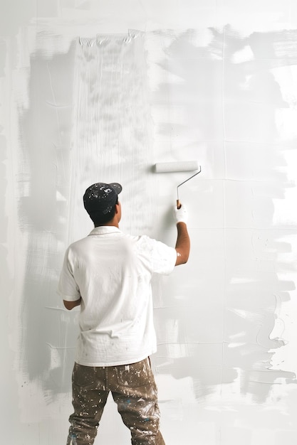 Professional male house painter renovating wall with white paint copy space