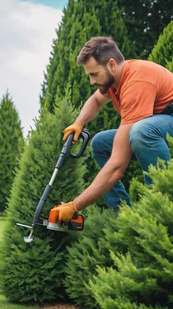 Professional male landscaper trimming thuja tree with hedge trimmer in summer side view of male