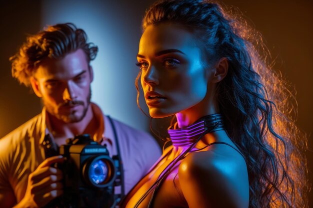 Photo professional male photographer taking picture for a beautiful  model in neon light. ai generative