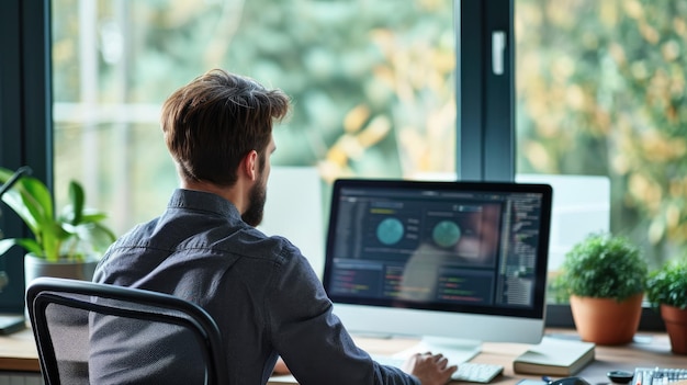 Professional Man Analyzing Financial Data on Computer Screen in Modern Office Environment