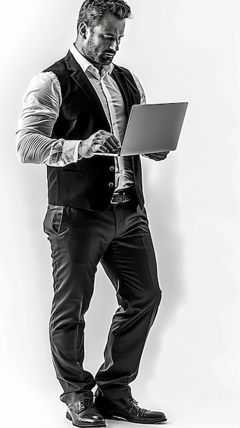 Professional Man Holding Laptop in Vest and Tie