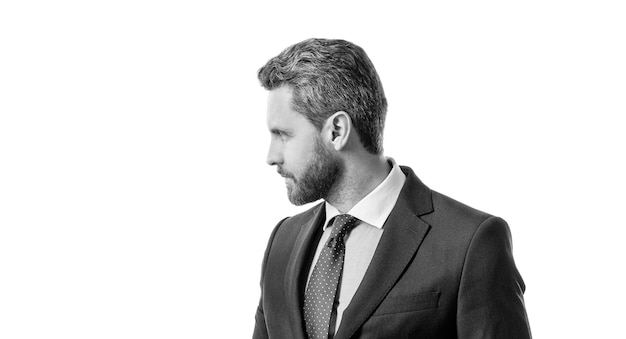 Professional man profile portrait in business formawear isolated on white copy space manager