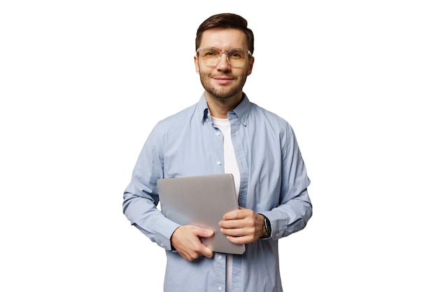 Professional man smiling while holding a folder in a welllit indoor environment