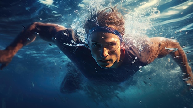 Foto nuotatore professionista all'interno di una piscina panora subacquea