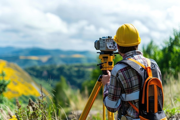 A professional man wearing a hard hat is seen carrying a camera at a construction site Lasers and GPS systems used in land surveying before construction AI Generated