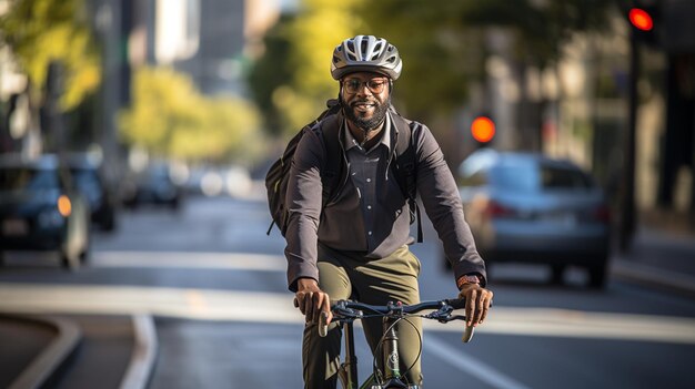 A professional man wearing a helmet confidently rides his bicycle on a city road as he commutes to