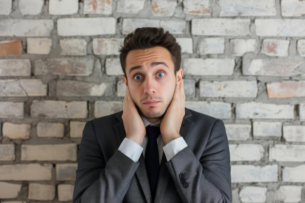 Un uomo professionista che indossa un abito è visto con le mani che coprono il viso, probabilmente riflettendo lo stress o la sorpresa. un uomo d'affari che si preoccupa delle sue possibilità di approvazione del prestito.