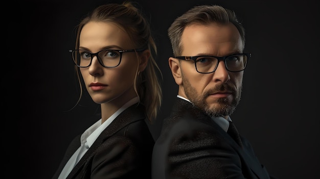 Photo professional man and woman standing back to back in a dark studio setting confident duo in business attire concept of teamwork and partnership ai