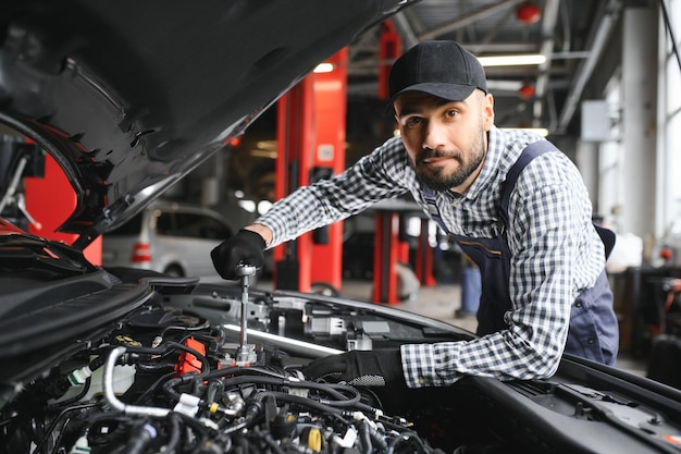 Professional Mechanic is Working on a Car in a Car Service