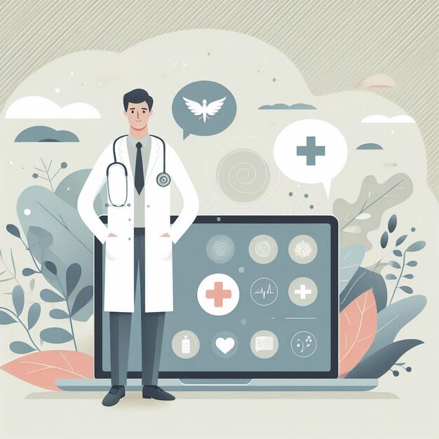 Professional Medical Illustration A Doctor with Laptop for Medical Banner Flyer Poster