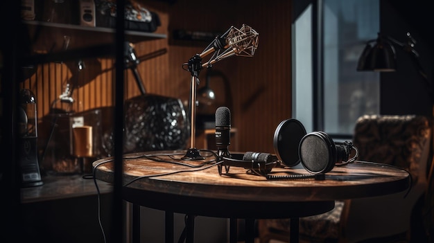 Фото Профессиональный микрофон и звуковой микшер в студии радиостанции, созданные искусственным интеллектом