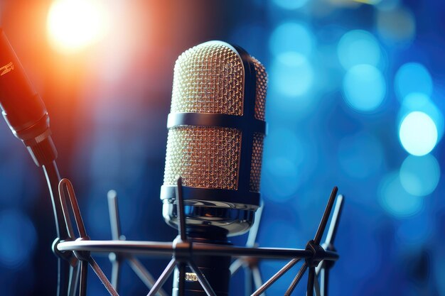 A professional microphone on a blue background isolated and framed by a recording studio banner