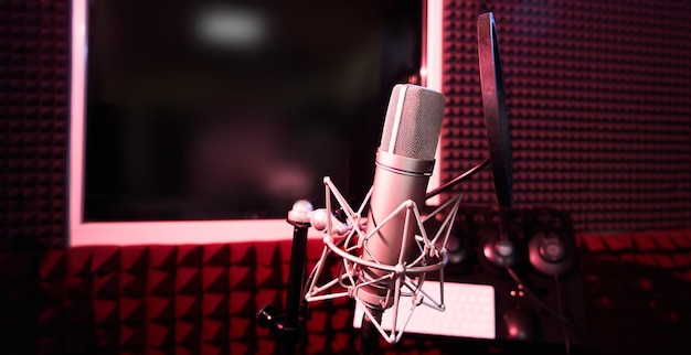 Professional microphone closeup on the background of recording studio