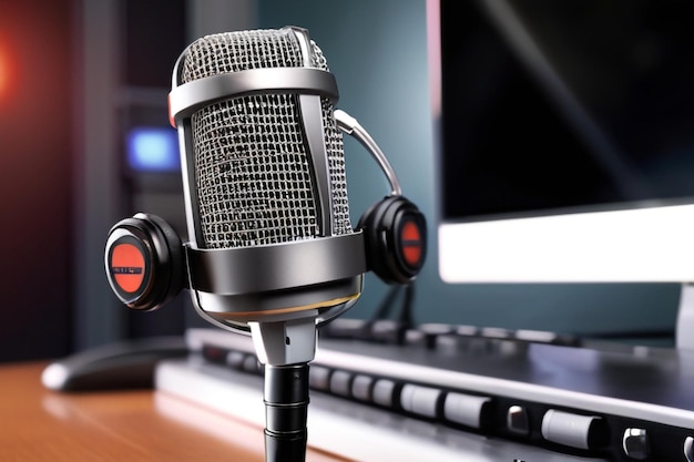 Foto microfono e cuffie professionali alla stazione radiofonica per l'intrattenimento e la comunicazione