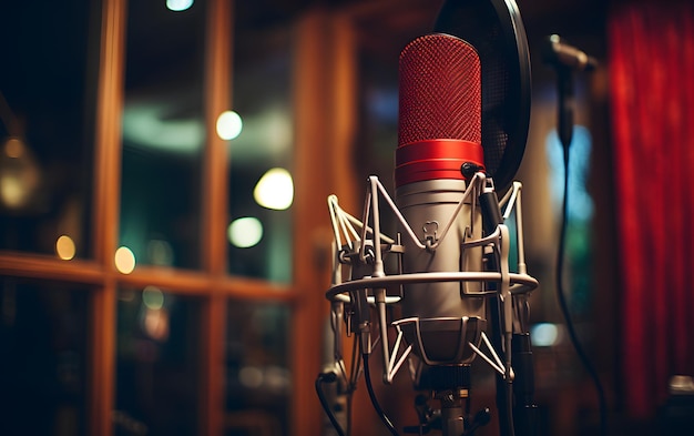 Professional microphone in a recording audio in empty studio