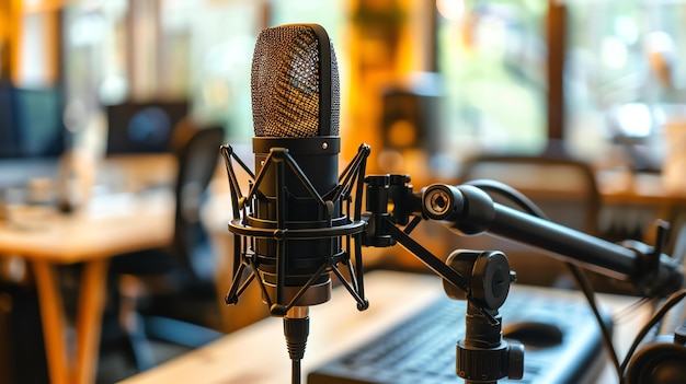 Photo professional microphone in a recording studio broadcasting equipment podcasting gear