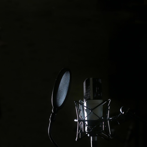 Foto microfono professionale in studio di registrazione, sfondo studio professionale con spazio per il testo