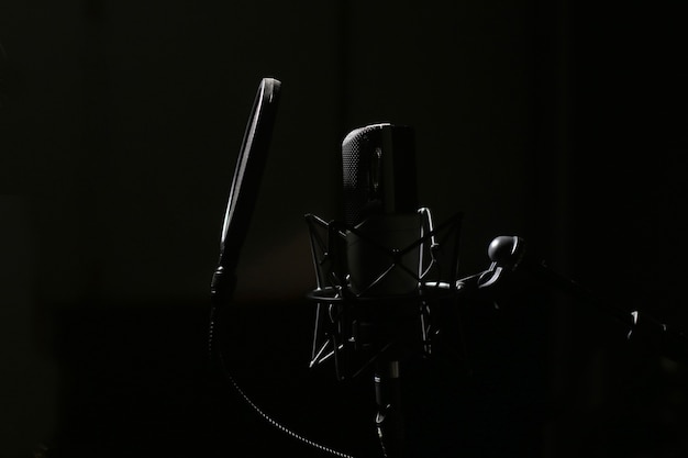Microfono professionale in studio di registrazione, sfondo studio professionale con spazio per il testo