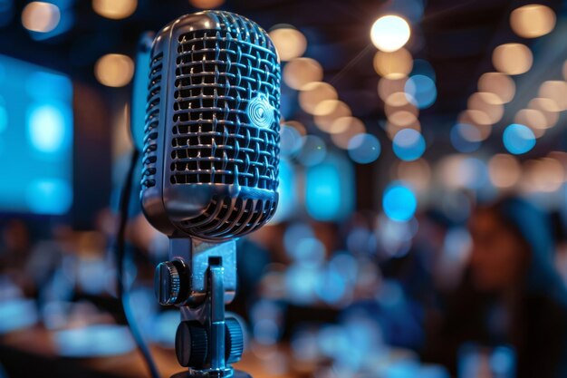 Photo professional microphone studio podcast stream interview platform radio with micrecording voice