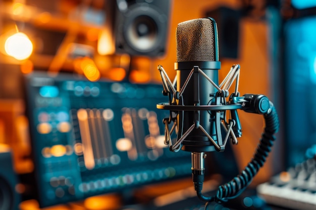 Photo professional microphone studio podcast stream interview platform radio with micrecording voice