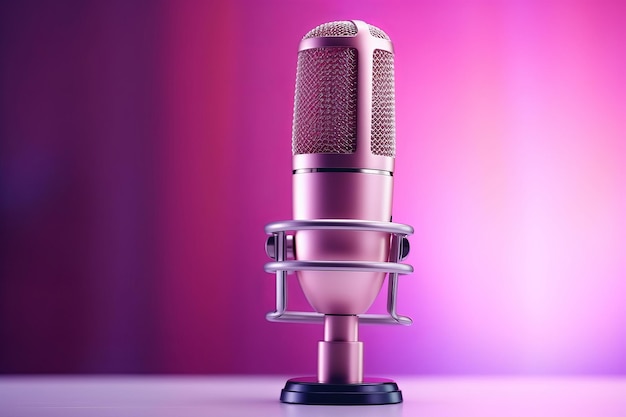 Профессиональный микрофон с розовым фиолетовым фоном подкаст или студия записиИскусственный интеллект