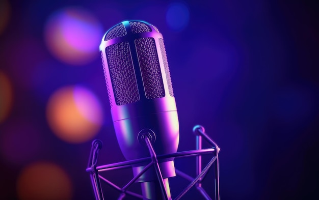 Professional microphone with pink purple background Podcast concept Generative AI