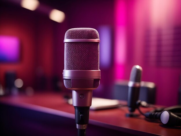 Photo professional microphone with pink purple color background banner podcast or recording studio