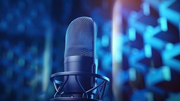 A Professional microphone with waveform on blue background Podcast or recording studio background Microphone Generative Ai