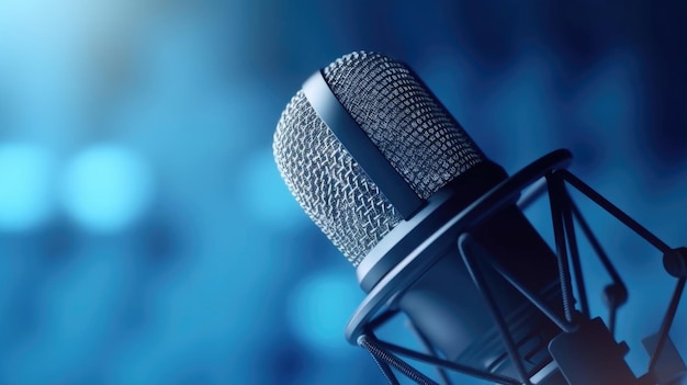 A Professional microphone with waveform on blue background Podcast or recording studio background Microphone Generative Ai