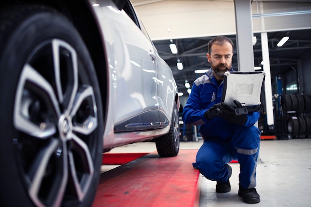 Professional middle aged bearded caucasian car mechanic doing visual inspection of vehicle in workshop and diagnostic tool.