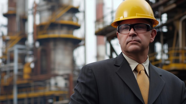 Professional middle aged businessman with hard hat at industrial plant corporate executive in indust