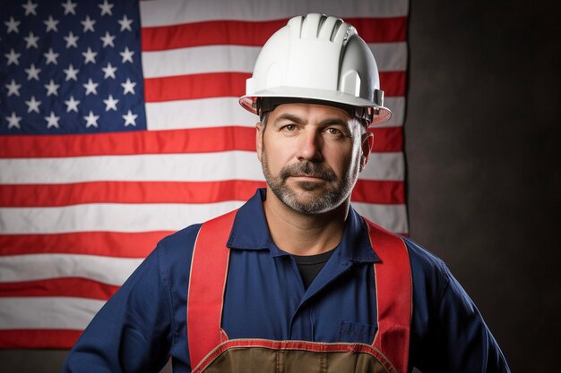 Foto lavoratore di costruzione professionista di mezza età che indossa un casco di sicurezza contro il concetto della giornata del lavoro della bandiera statunitense