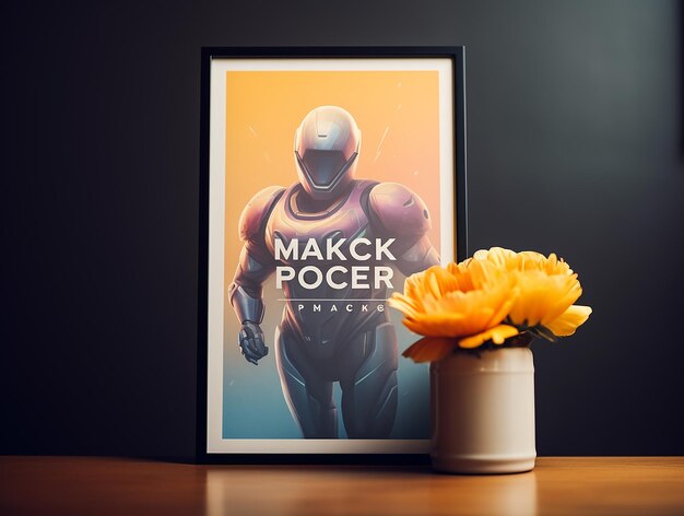 Photo professional mockup of 1 vertical poster framed on the floor beside some wildflowers bouquet