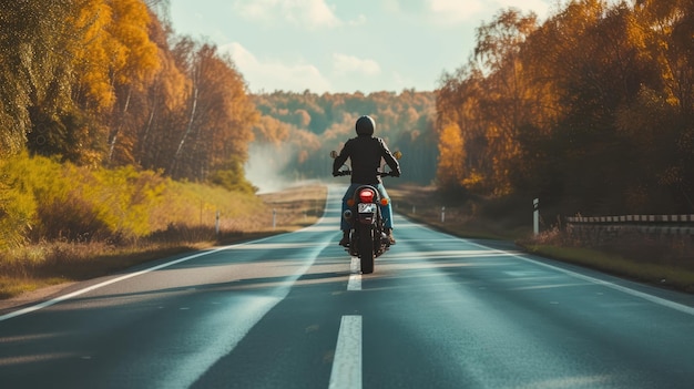 Фото Профессиональный мотоциклист мотоцикл едет быстро по дороге генеративный ии спорт копируйте пространство для вашего пользовательского текста быстрый эффект размытия движения