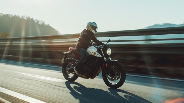 Photo professional motorbike rider a motorcycle rides fast on the road generative ai sport copy space for your custom text fast motion blur effect