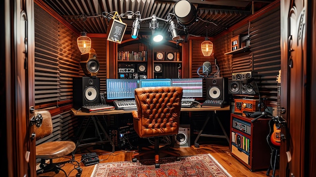 Foto studio musicale professionale con una console di miscelazione, altoparlanti, microfoni e una varietà di strumenti musicali