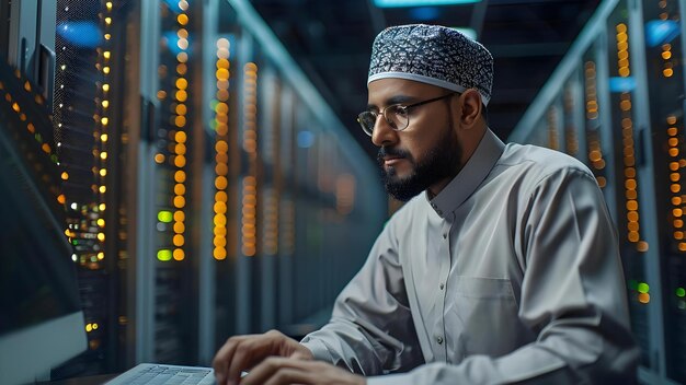 a professional muslim developer managing code in a data center using a desktop computer concept muslim developer data center desktop computer professional code management