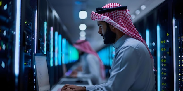 professional muslim developer programming on desktop computer in a data center concept muslim developer programming desktop computer data center professional