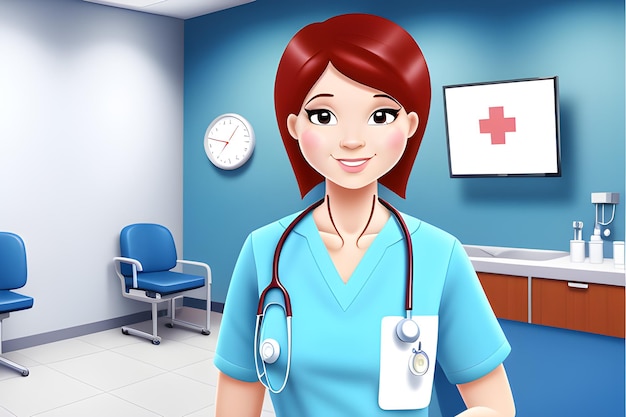 Professional nurse in cartoon style in a professional medical room background AI Generative