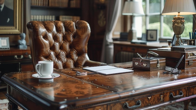 Photo professional office desk in leather complete with computer and supplies accented by the presence of a coffee cup a blend of business and comfort ai generative