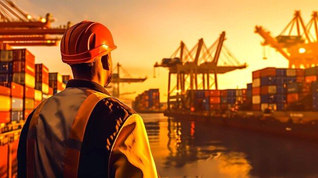 Professional overlooking crane loading cargo container in the marina