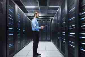 Photo professional overseeing data center server racks