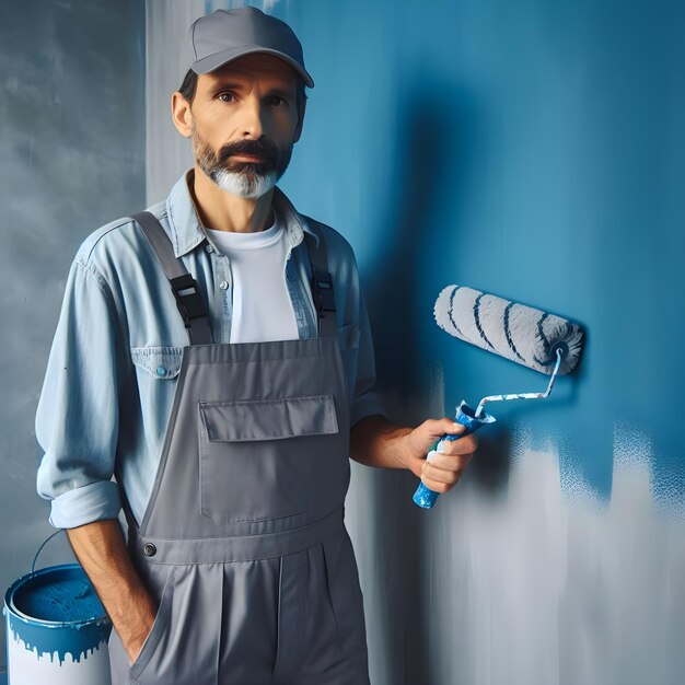 사진 옷 을 입은 전문 화가 가 내부 벽 에 밝은 파란색 페인트 를 칠 하고 있다