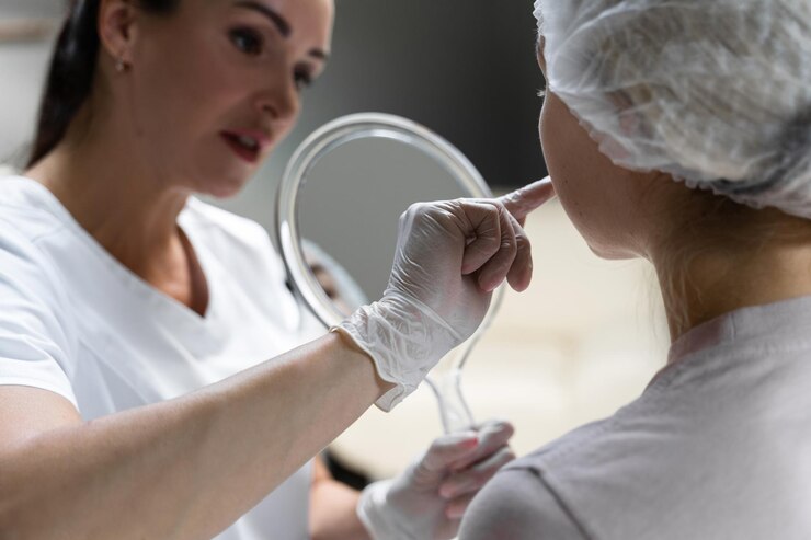 Photo professional permanent makeup artist and her client during lip blushing procedure