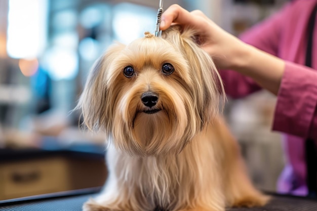 グルーミング サロンでふわふわの犬の毛皮を丁寧にトリミングするプロのペット トリマー ジェネレーティブ AI