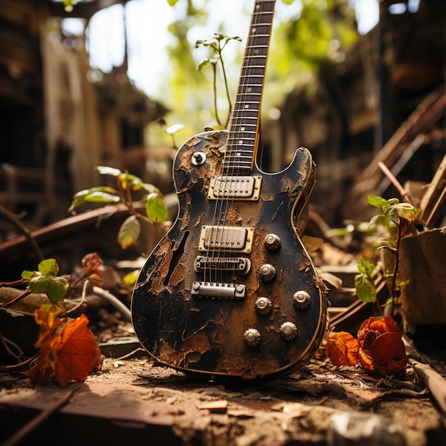 professional photo of an aged electric guitar