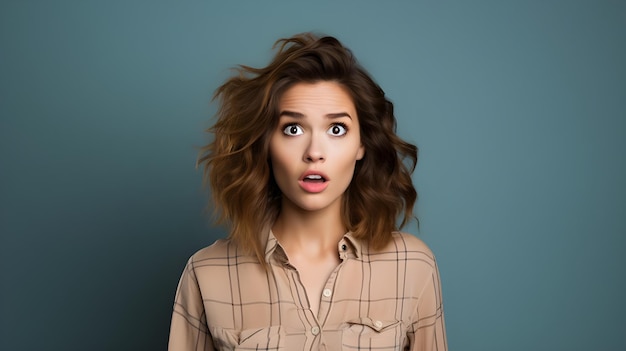 Professional photo of beautiful young lady in surprised pose with expressive face and body language